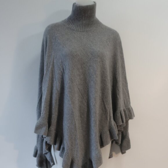Womens Minnie Rose Grey Ruffled Trim Pure Cashmere Turtleneck Poncho Sweater O/S - Picture 1 of 11